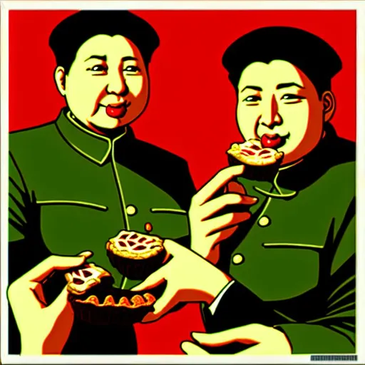 Prompt: Capitalist propaganda poster of Mao Zedong eating apple pie and buying Bitcoin on a computer, vivid colors, cinematic lighting, overcast