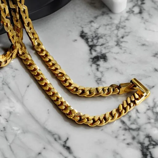 Prompt: Full Gold chain with a G on a marble table, from a normal distance

