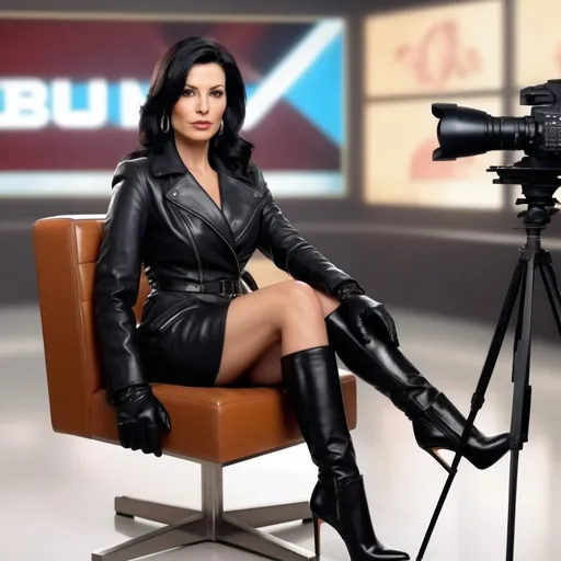 Prompt: Photorealistic, breathtaking 35-year-old black haired TV anchor lady staring into the camera, sitting om TV set, dressed in leather coat, gloves, tall fashion boots with Cuban heels, detailed facial features, leather textures, 12K, bright  ISO 400, intricate leather textures.
