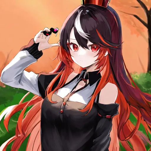 Prompt: Portrait of a cute girl with long, multicolored hair and red eyes wearing a black shirt, heart-shaped sunglasses, and a crown with a forest in the background 