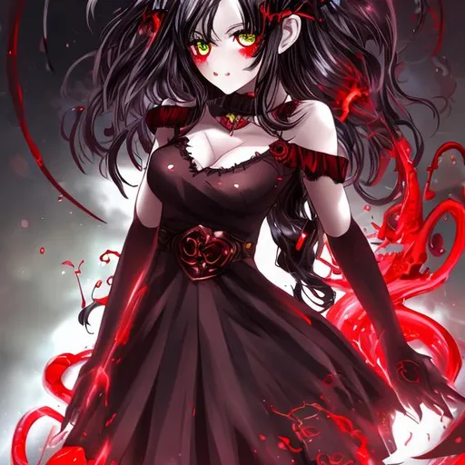 Prompt: Anime girl, blackred Hair, red eyes, white skin, im goldenes Kleid, black Rose, Vampir, background blood river
