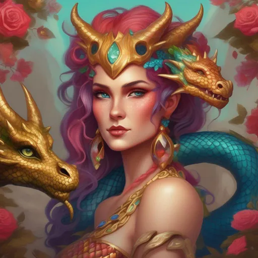 Prompt: A colourful and beautiful Persephone, she is a dragon woman, with scales for skin, horns and gold and gems for hair with a dragon tail, in a painted style.