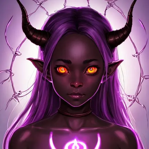 Prompt: Beautiful, scared, innocent, young adolescent tiefling girl, very dark ash skin, fire eyes, symmetrical horns tattered leather armor, daggers glowing with light purple psionic energy