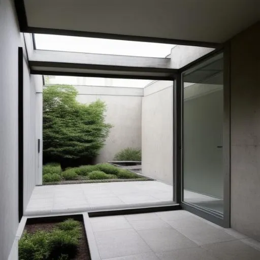 Prompt: an enclosed courtyard a brutalist architecture with lots of natural light.