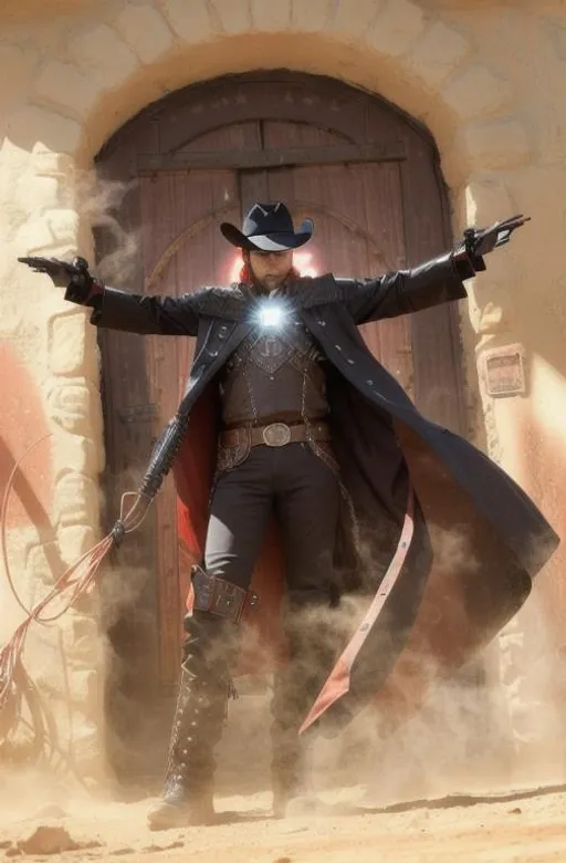 Prompt: Cyber Cowboy with 4 Arms, fiery red Poncho, Dressed in black duster and Stetson Cowboy Hat, with Red eyes, Haunting Presence, Intricately Detailed, Hyperdetailed, Desert Wild West Landscape, Dusty Midnight Lighting, Wild West Feel