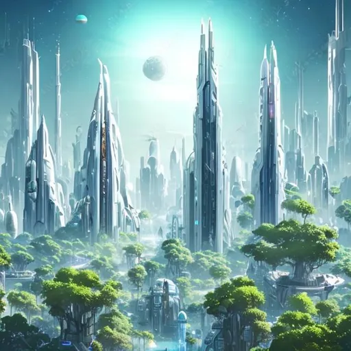 Prompt: Futuristic City White Tall Towers Lush Green Overgrown Plants Light Blue Sky High with many big white spaceships