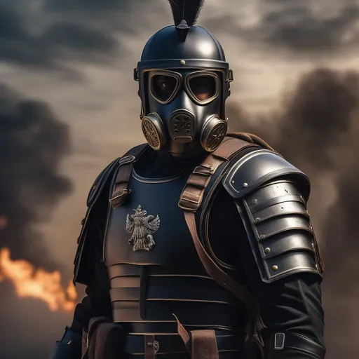 Prompt: A modern roman military male in black military armor galea helmet of roman armor, and gas mask, background World War 3, Hyperrealistic, sharp focus, Professional, UHD, HDR, 8K, Render, electronic, dramatic, vivid, pressure, nervous vibe, loud, tension, dark, Epic