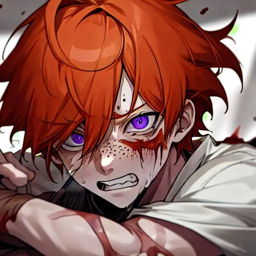 Prompt: Erikku male adult (short ginger hair, freckles, right eye blue left eye purple) UHD, 8K, Highly detailed, insane detail, best quality, high quality, anime style, covered in blood, covered in cuts, scars, badly wounded, in pain, 