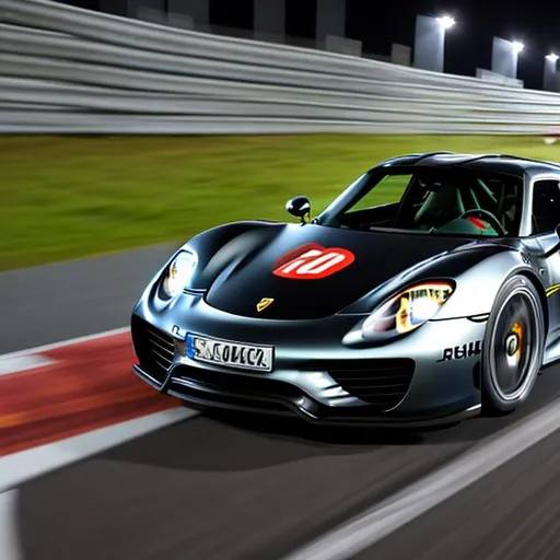 Prompt: Porsche 918 taking a corner at the nurbergring  at night