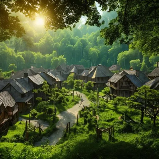 Prompt: dark wood village in  a lush green forest with beautiful trees, nice daylight, nice weather light blue sky waves high resolution 4k