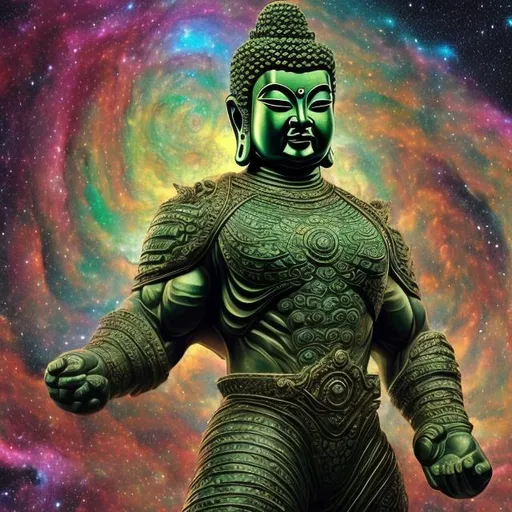 Prompt: tsavorite armored bodybuilding buddha, widescreen, infinity vanishing point, spiral galaxy nebula background
