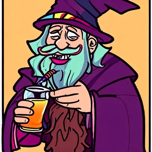 Prompt: A drunk wizard who is drinking a brightly coloured potion. He should have a big orange beard and look very drunk. It should have a cartoonish artstyle and overall look silly.