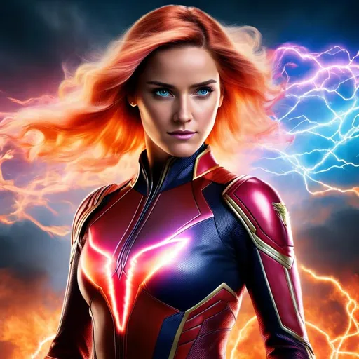 Prompt: High-resolution hyperrealistic photo of valeria-richards brainstorm merged with rachel-summers phoenix, {strawberry blond hair}, red costume, flames, fury, rage, phoenix-force, marvel comics, photorealistic, highly detailed, uhd, hdr, 64k