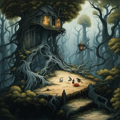 Prompt: witches hut on scorched ground under canopy of arboreal greenery, by Kay Nielsen 