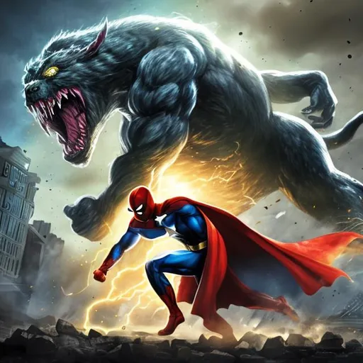 Prompt: Superhero fighting a monster