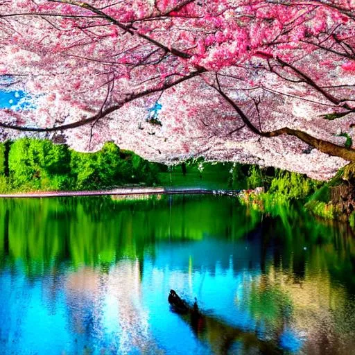 Prompt: colour-splash wide photo of pink cherry blossom tree over hanging a lake in a forest, soft,  64K