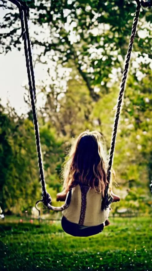 Prompt: a girl sitting on a swing in wonderland