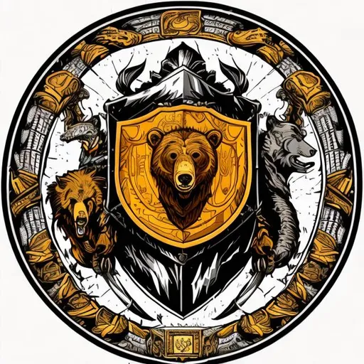 Prompt: Sun in the middle,bear,fire,snake,Shield,highly detailed {object}, Centered hd,Vector heraldic illustration,hd
