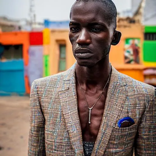 Prompt: In the vibrant streets of Dakar, Senegal, a male model stands in front of a colorful market wearing a Dior suit in earthy tones. Photographed with a Hasselblad camera, the focus is on the model's half-body, with lighting that creates a sense of depth and dimension. The image is retouched with warm, vivid colors, creating a sense of liveliness and energy.