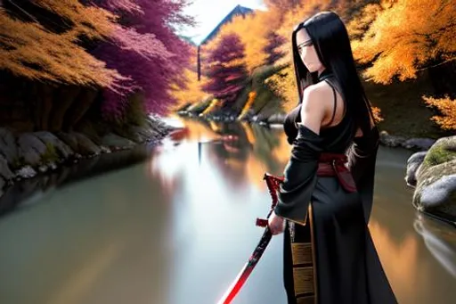 Prompt: HDR, UHD, 8k, High Detail, a female shinobi with long dark hair is standing in a long black robe darker than anything known to man, the shinobi is standing in a stream of blood holding a golden katana with a obsidian black blade, the stream is flowing through the middle of a small village, the village is on fire, beyond the village is a mountain shrouded with smoke, above the mountain a blood red moon hangs over the landscape,  japan environment,