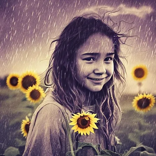 Prompt: create a cover poster for a song with the following lyrics:
(Verse 1)
In a small town, where the prairie winds blow,
There's a girl, lost in a world of woe.
Her smile fades, like petals from a flower,
She wonders why her sunflower wilts in sorrow.

(Chorus)
Why is my sunflower weeping in the rain?
What has caused her heart to bear this pain?
In this country ballad, I aim to find,
The answer to the question that plagues her mind.

(Verse 2)
Her eyes, once bright like the morning sun,
Now hold tears that tell a story, one by one.
She wears a mask, concealing her despair,
But inside, her sunflower withers, beyond repair.

(Chorus)
Why is my sunflower weeping in the rain?
What has caused her heart to bear this pain?
In this country ballad, I aim to find,
The answer to the question that plagues her mind.

(Bridge)
In the fields of her dreams, love used to grow,
But it withered, leaving her feeling so low.
She longs for a love that's true and real,
To heal her sunflower, her heart to heal.

(Verse 3)
Through the haze of heartbreak, she searches for light,
Hoping to find solace in the darkest night.
But the weight of her sorrow, it pulls her down,
Leaving her sunflower, with a wilted crown.

(Chorus)
Why is my sunflower weeping in the rain?
What has caused her heart to bear this pain?
In this country ballad, I aim to find,
The answer to the question that plagues her mind.

(Outro)
Oh, my sunflower, don't lose hope in despair,
There's a love out there that's waiting to repair.
Though now you're wilting, your spirit remains strong,
And I'll sing this song, to help you find where you belong.