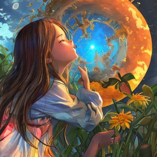 Prompt: Sunny summer morning children playing birds singing dancing flying sky is bright blue planets dreams meteors outer space seven wonders Fibonacci clouds sun rays fenith island love and peace trees swaying darkness coming death pain suffering life encompasses it all