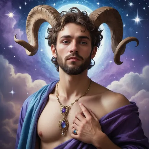 Prompt: Renaissance Art Style, (gay man satyr with beard), (crying streams of hurt pride while looking up), (Goddess Nuit), adorned with (shimmering jewelry), (enchanting celestial glow), surrounded by (twinkling stars), whimsical and magical atmosphere, cool tones, dramatic contrasts, intricate detailing, high resolution, capturing profound emotion and ethereal beauty, celestial background infused with deep blues and purples, immersive and captivating scene that evokes wonder and introspection.