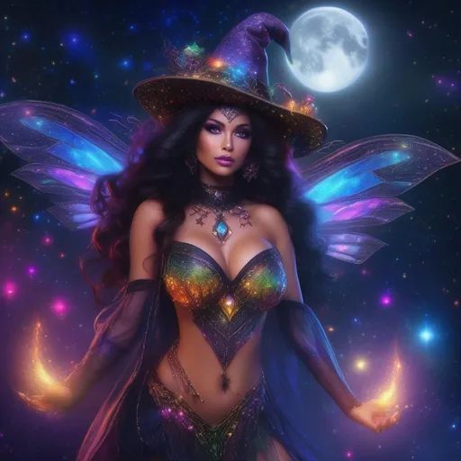 Prompt: A complete body form of a stunningly beautiful, hyper realistic, buxom woman with incredible bright, wearing a colorful, sparkling, dangling, glowing, skimpy, bo-ho, goth style,  flowing, sheer, fairy, witch's outfit on a breathtaking night with stars and colors with glowing, hyper real mythical sprites flying about