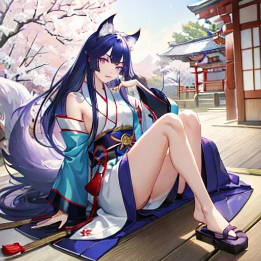 Prompt: male, kitsune, with long dark blue hair, purple eyes, playful look, portrait, and comfy conservative clothes, outside a Japanese shrine