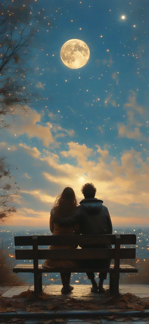 Prompt: Couple sitting on a bench, gazing adoringly at the expansive night sky adorned with a brilliant full moon and a prominent star, evocative of neo-romanticism. Cinematic view creates a sense of intimacy, showcasing deep emotion and tranquility. Soft, warm lighting casts gentle shadows, while the rich navy blue sky sparkles with stars, enhancing the serene ambiance. @AyaGoda ultra-detailed, high-quality