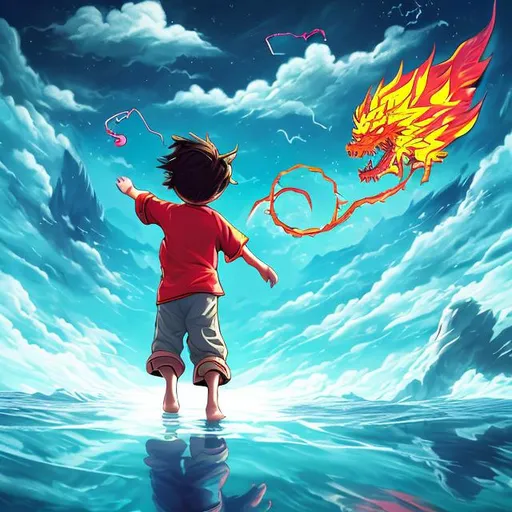 Prompt: boy walking on top water, chasing a dragon shaped kite, world burning, from outer space perspective, art, not realistic, blue, green, pink, red, fresh colors, good quality
