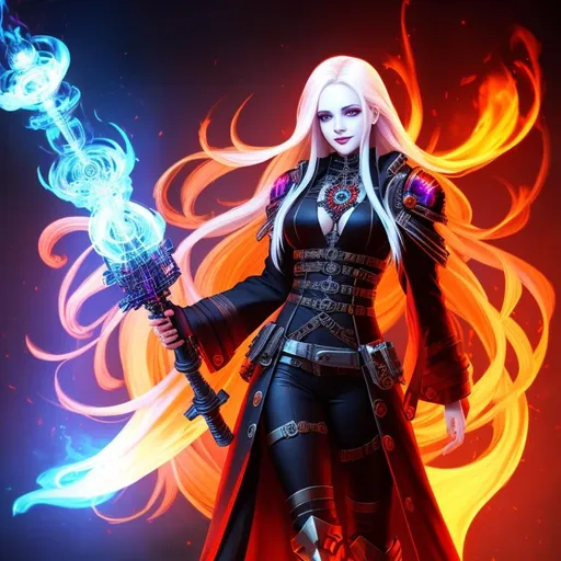 Prompt: ((fire witch)), cyberpunk, fantasy, elaborate outfit, long hair, pale skin, grin, symmetrically colored hair, ((full body)) {{good looking}} {{cute}} {{good body}} {{tight}}, {{shadows}},