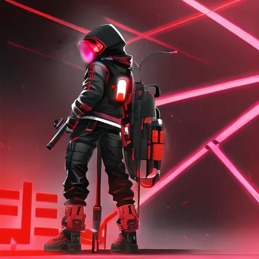 Prompt: Male character, black but red neon gas mask, cyber netrunner hood (black but neon red), neon red Sword In its Back, Red Mecha Cyber Jacket, black jeans, red shoes