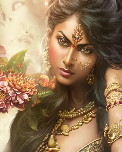 Prompt: A hyper-realistic detailed Indian cute muscular, warrior, wearing a very thin and wet saree and jasmine flowers and rudraksha, , (( big perfect boobs)), deepest cleavage, deeply tanned with thick thighs, Highly detailed, royal vibes, 8k quality, photorealistic, dark skin, deep cleavage, ((super sexy)), royal background