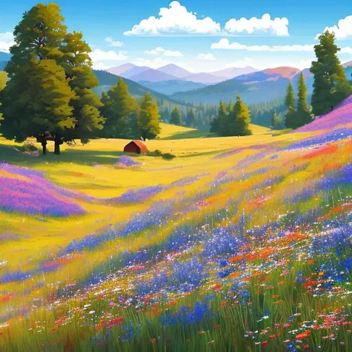 Prompt: Paint a scene of a tranquil meadow filled with blooming wildflowers and a clear blue sky, inviting viewers to experience the calm and beauty of open spaces