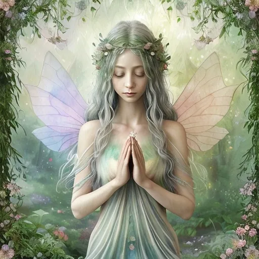 Prompt: (watercolor style), (Faerie Goddess of Peace and Tranquility), ethereal garden filled with ghost flowers, warm color scheme, soft and dreamy light, delicate floral details, serene atmosphere, gentle wisps of mist, harmonious floral arrangements, tranquil emotions radiating, enchanting background with lush greenery, enchanting accents, high quality, ultra-detailed, magical aura surrounding the scene.