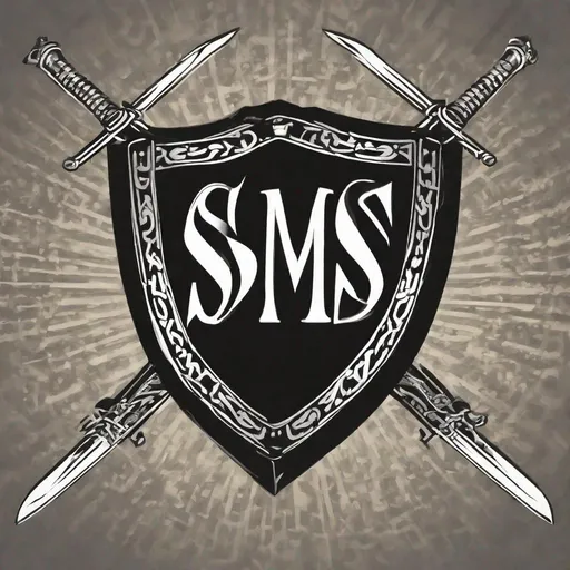 Prompt: A shield with two swords and the letters SMS on it logo