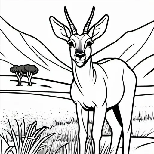 Prompt: create a simple, cute, but realistic, large, animal drawing of an antilope in thick black outline, black lines only leaving space for kids to color in, include minimal landscaping relating to the animal. Drawings to be suitable for a kids coloring book ages 2-5,  make sure not to use existing works.