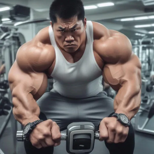 Prompt: a big hulking bodybuilder angry gigachad asian guy at the gym using a big luxury watch with dozens of white girls around him 