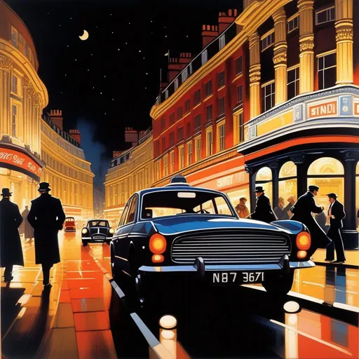 Prompt: 1970s, London at night, Picadilly Circus, car chase, warm atmosphere, cartoony style, extremely detailed painting by Greg Rutkowski and by Henry Justice Ford and by Steve Henderson