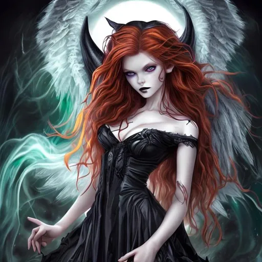 Prompt: Female, long red hair, wavey hair, green eyes,  dress, half angel, half demon, full body, realistic, realism, whole body, goth, black wings, non-animated, witch, badass, magic, good and evil, very long hair