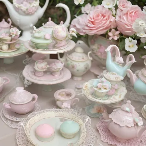 Prompt: whimsical pastel tea party. Picture a dainty table set with pastel teacups, saucers, and delectable treats. Incorporate elements like delicate flowers, lace, and vintage-inspired decorations