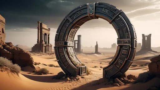 Prompt: magical portal between cities realms worlds kingdoms, circular portal, ring standing on edge, upright ring, freestanding ring, hieroglyphs on ring, broken ring, ruins, crumbling pillars, broken archways, ancient roman architecture, desert wilderness setting, panoramic view, futuristic cyberpunk tech-noir setting