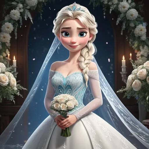 Prompt: 
princess elsa in a  wedding dress

