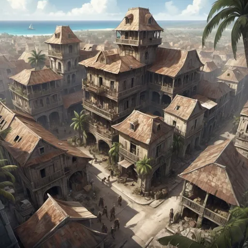 Prompt: Fantasy Illustration of a thiefs guild, French colonial architecture, run-down, complex structure, rpg-fantasy, entire building, birdview, high quality, detailed, epic scale, fantasy, game style, slums in the background, tropical french colonial town 