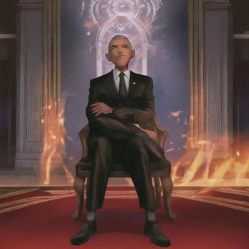 Prompt: Obama sitting in a chair at the end of a grand hall in the dark with fire behind him, hd face