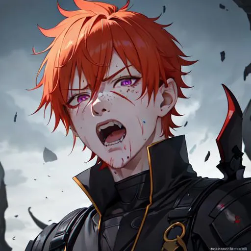 Prompt: Erikku male adult (short ginger hair, freckles, right eye blue left eye purple) UHD, 8K, Highly detailed, insane detail, best quality, high quality, covered in blood, covering his face with his hand, wide eyes, insane, fear, threatening, laughing, angry, fighting, psychopathic, anime style,