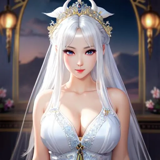 Prompt: oil painting, , UHD, 8K, Very Detailed, detailed face, full body character visible, jung goddess character with ethereal fantastical light skin & white hair, she has visible eyes, sleeveless short white dress, white thighhighs with corean lips and
 eyes
with a demon look and bad intentions
