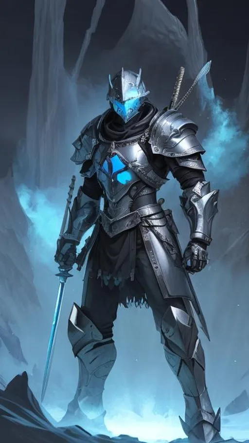 Prompt: a Male in silver crusader armor rests on his sword in the middle of a dark crater filled with glowing cyan ice. the sky is dark and he is surrounded by glowing blue mist. Behance hd, Castle-crashers