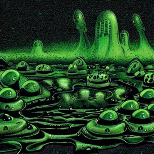 Prompt: alien dark sci-fi gooey green deformation village with acid rain amd death 